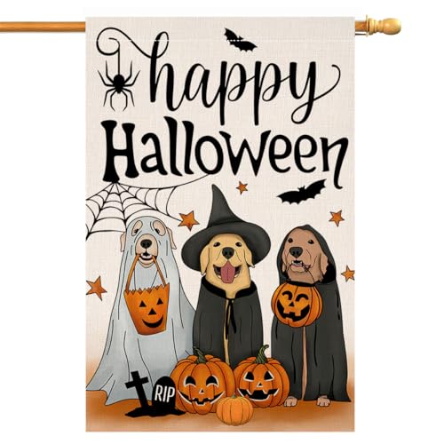 Happy Halloween Dog Pumpkin House Flag 28x40 Double Sided for Outside, Golden Retriever Fall Autumn Witch Hat Large Burlap Yard Flag for Outdoor Holiday Home Decor