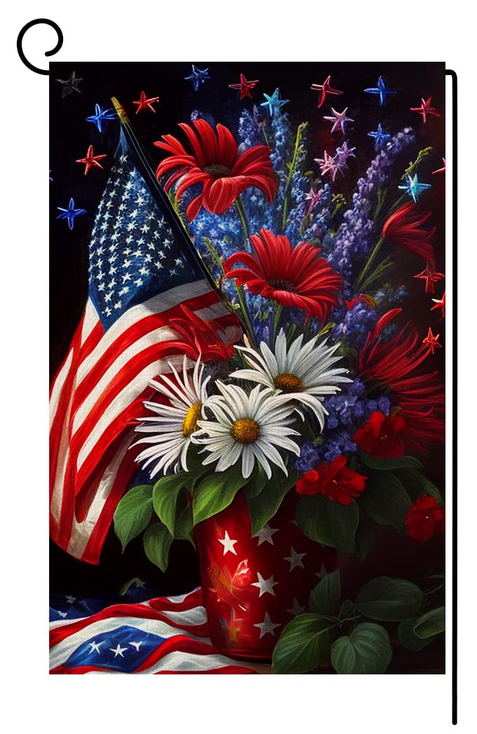 4th of July Floral Garden Flag 12x18 Vertical Double Sided Patriotic USA Flag Red Blue Memorial Day Independence Day Outside Decorations Burlap Yard Flag
