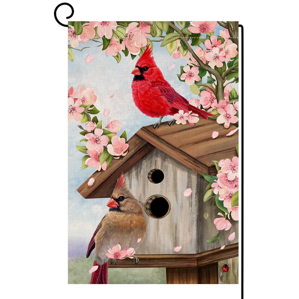 Spring Cardinal Bird Garden Flag 12x18 Vertical Double Sided Pink Flowers Tree Summer Farmhouse Holiday Outside Decorations Burlap Yard Flag
