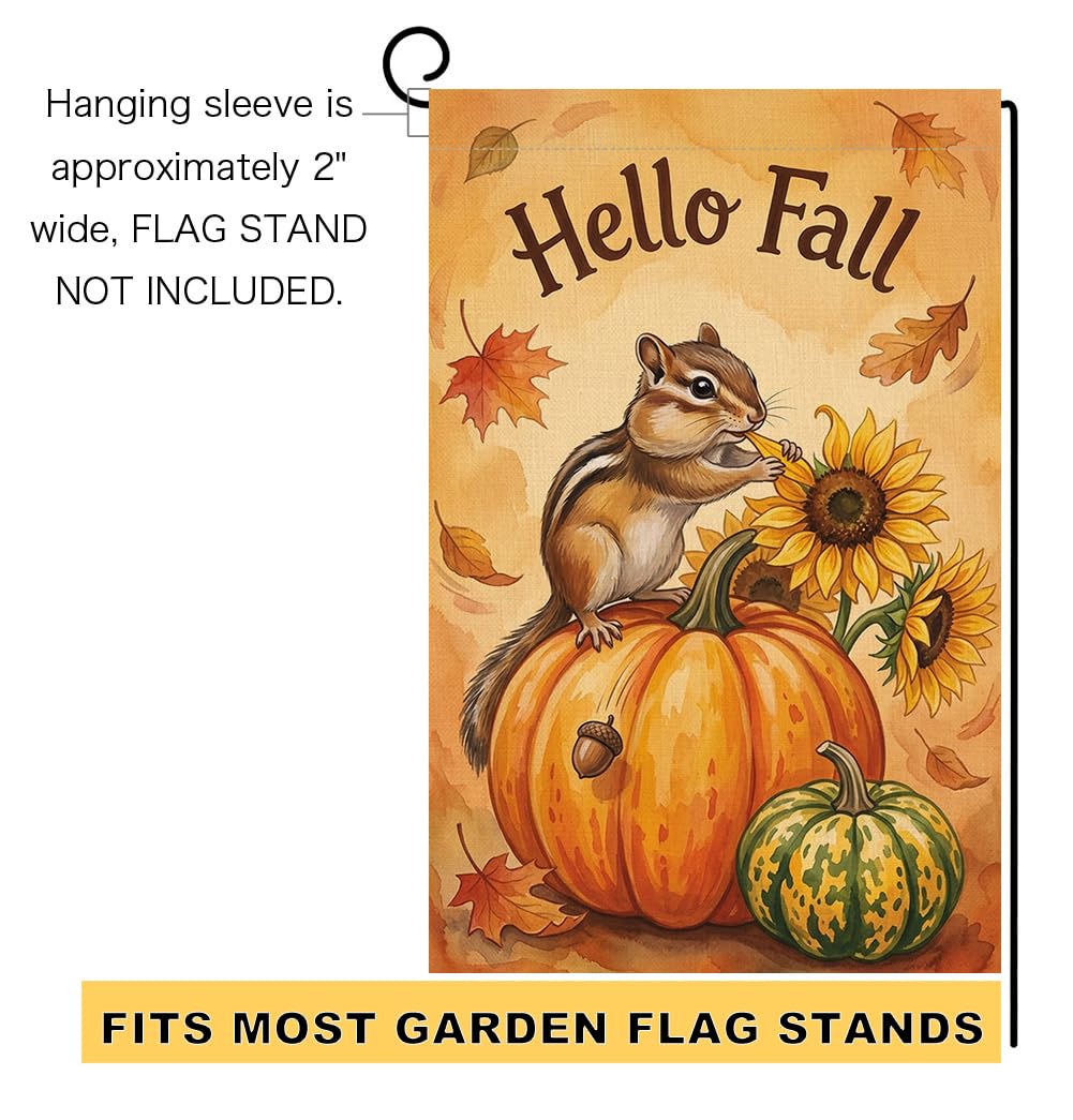 Fall Hello Fall Chipmunk Garden Flag 12x18 Pumpkin Sunflowers Yard Decor