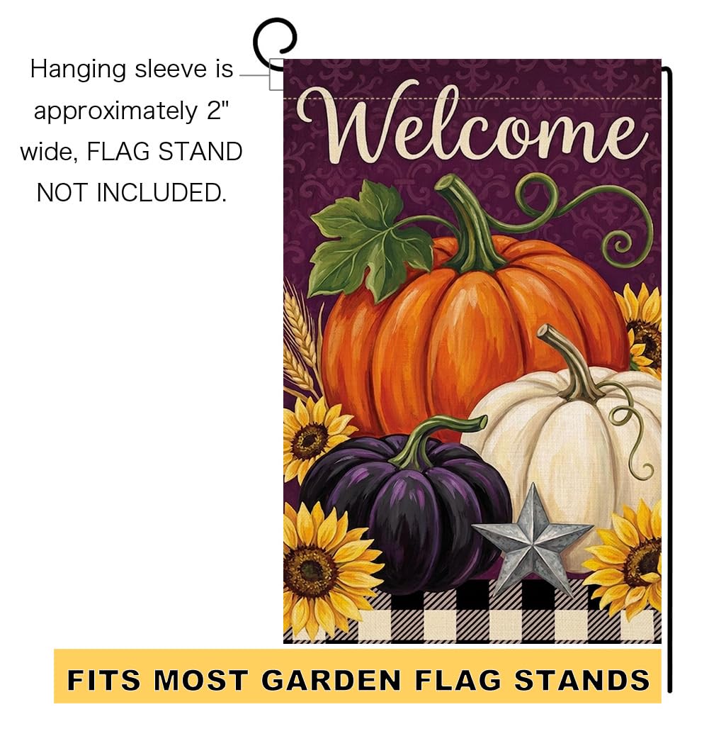 Fall Welcome Pumpkins Garden Flag 12x18 Sunflowers Buffalo Plaid Yard Decor