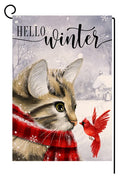 Winter Cat Garden Flag 12x18 Vertical Double Sided Cardinal Bird Snow Christmas Holiday Outside Decorations Burlap Yard Flag