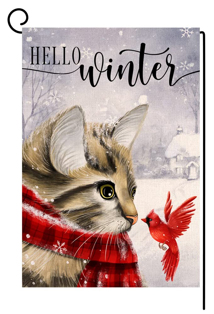 Winter Cat Garden Flag 12x18 Vertical Double Sided Cardinal Bird Snow Christmas Holiday Outside Decorations Burlap Yard Flag
