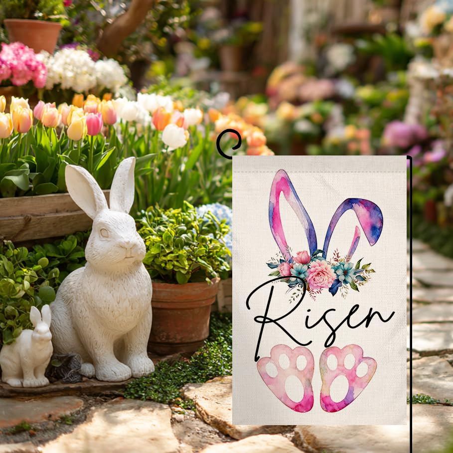 Easter Bunny Paw Garden Flag 12x18 Vertical Double Sided Risen Flowers Spring Farmhouse Holiday Outside Decorations Burlap Yard Flag