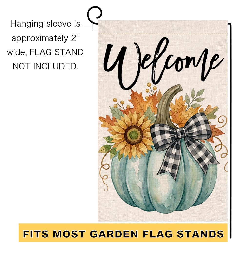 Fall Welcome Teal Pumpkin Garden Flag 12x18 Sunflower Plaid Bow Yard Decor