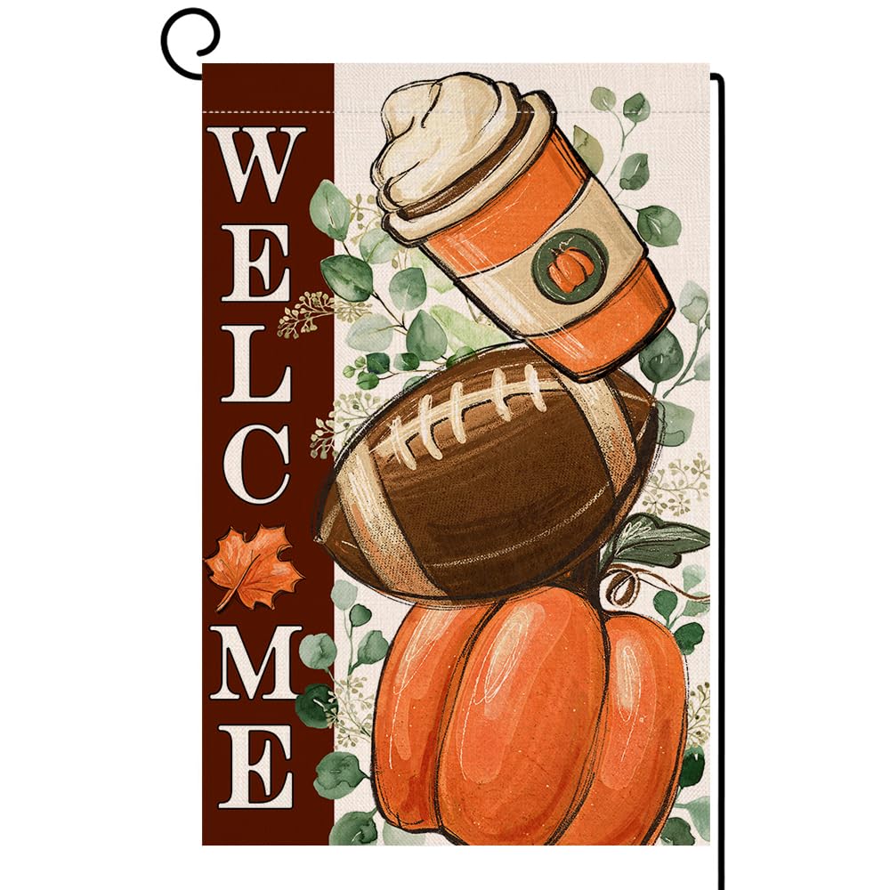 Fall Football Pumpkin Garden Flag 12x18 Vertical Double Sided Maple Leaves Welcome Autumn Thanksgiving Holiday Outside Decorations Burlap Yard Flag
