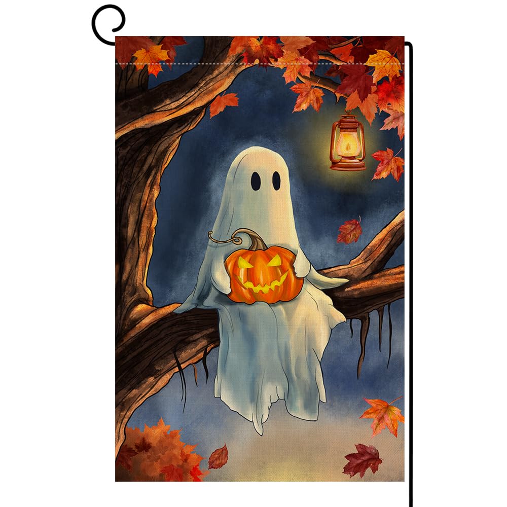 Halloween Ghost Garden Flag 12x18 Vertical Double Sided Maple Leaf Tree Welcome Fall Holiday Outside Decorations Burlap Yard Flag