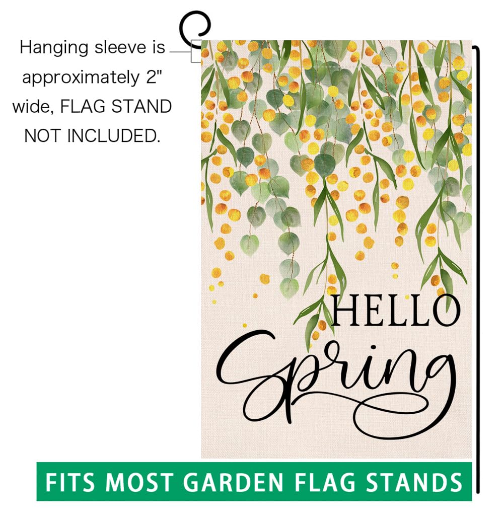 Spring Eucalyptus Garden Flag 12x18 Vertical Double Sided Green Mimosa Hello Spring Farmhouse Holiday Outside Decorations Burlap Yard Flag