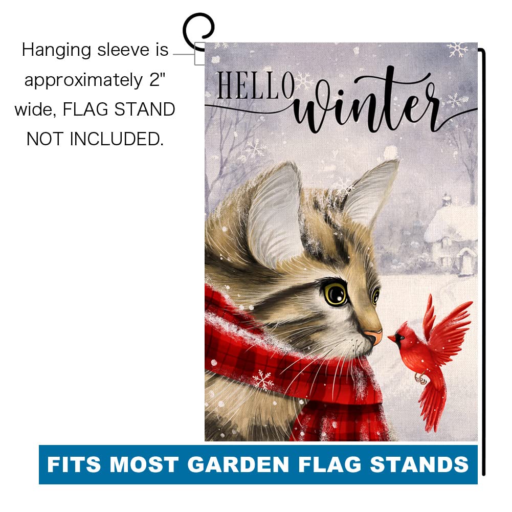 Winter Cat Garden Flag 12x18 Vertical Double Sided Cardinal Bird Snow Christmas Holiday Outside Decorations Burlap Yard Flag