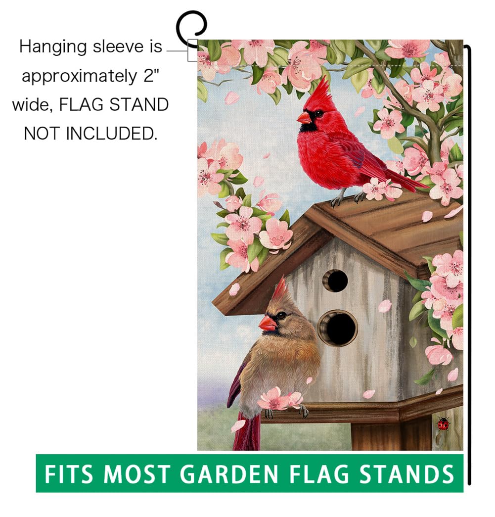 Spring Cardinal Bird Garden Flag 12x18 Vertical Double Sided Pink Flowers Tree Summer Farmhouse Holiday Outside Decorations Burlap Yard Flag