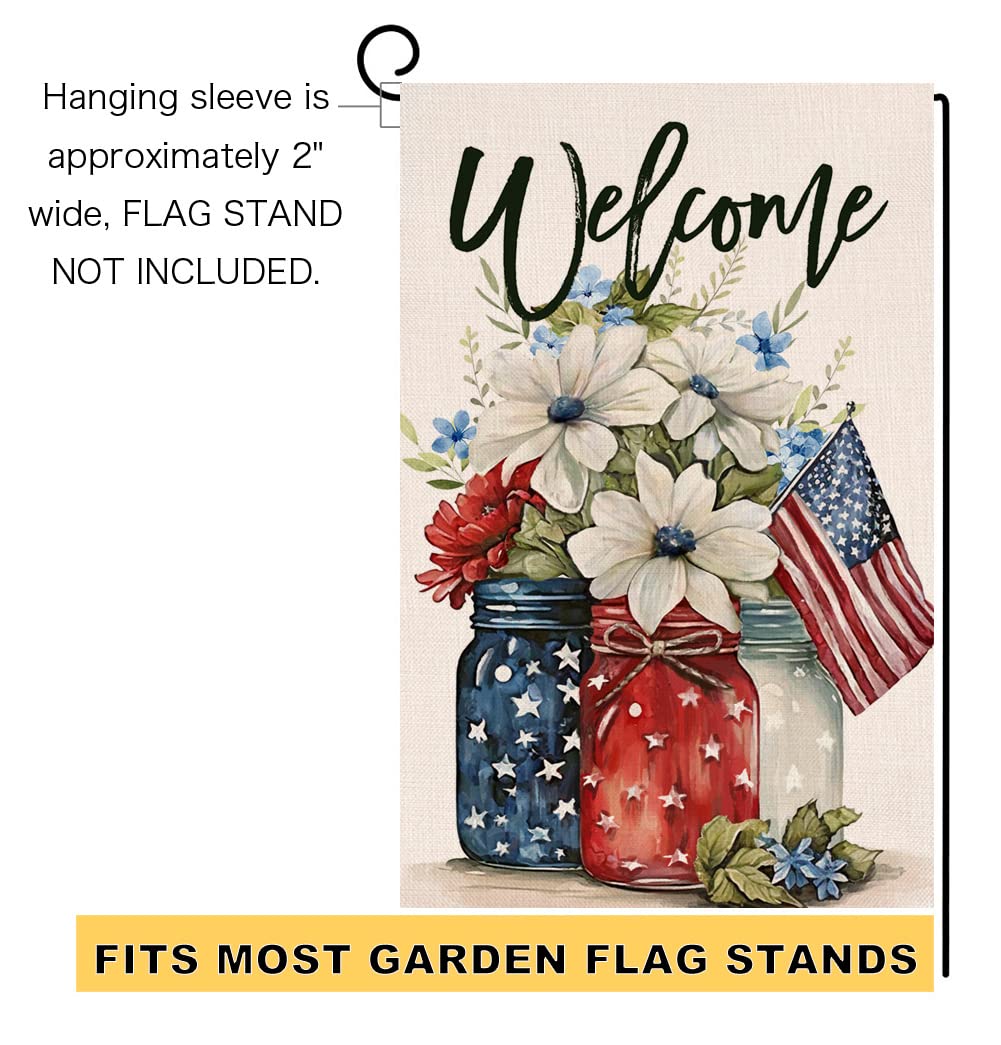 4th of July Floral Garden Flag 12x18 Vertical Double Sided Patriotic Mason Jar Flowers Red Blue Memorial Day Independence Day Holiday Outside Decorations Burlap Yard Flag