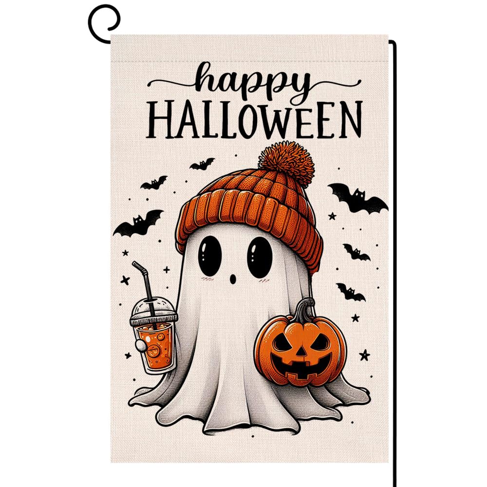 Halloween Ghost Garden Flag 12x18 Vertical Double Sided Black Bat Happy Fall Holiday Outside Decorations Burlap Yard Flag
