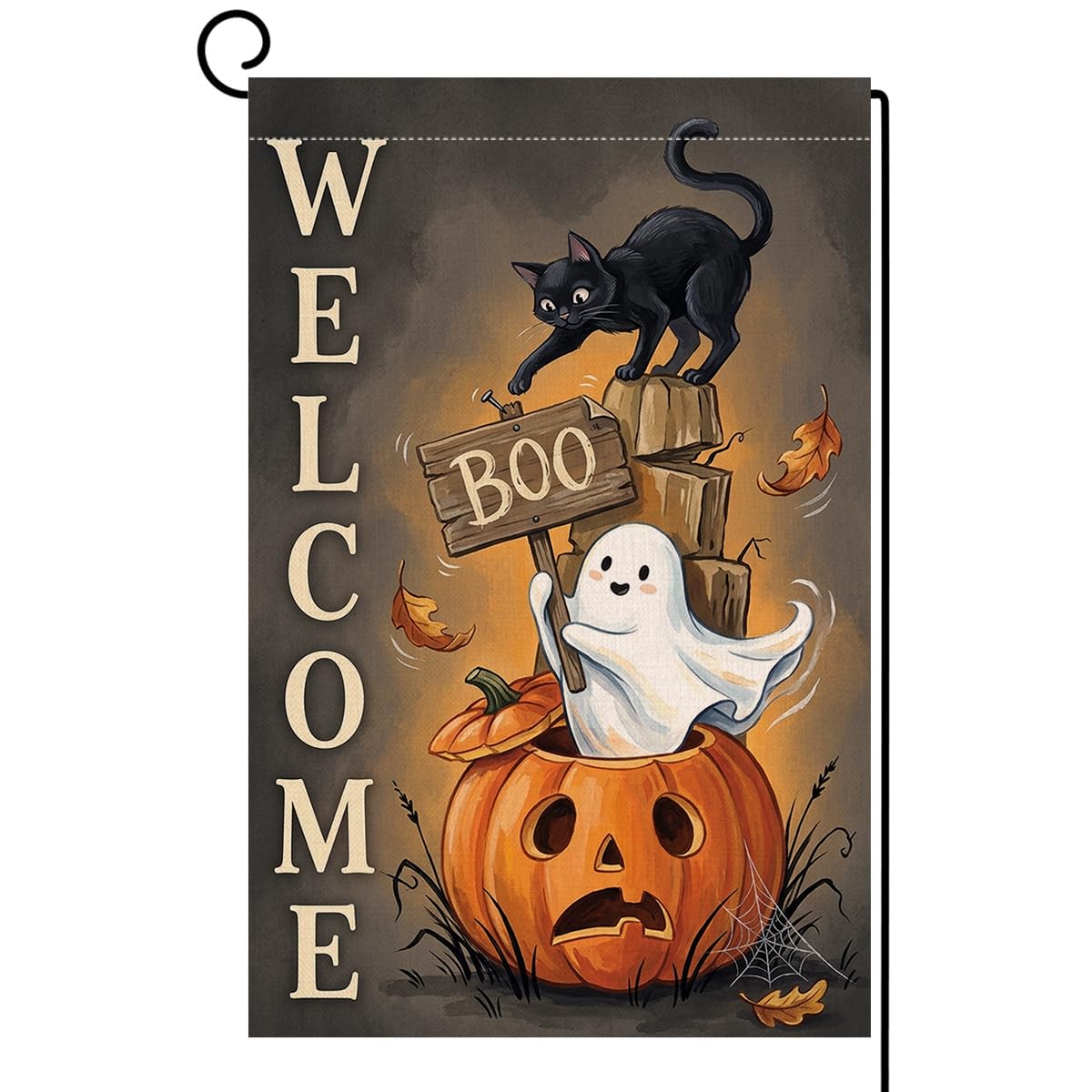 Halloween Welcome Boo Black Cat Garden Flag 12x18 Jack-o-Lantern Yard Decor