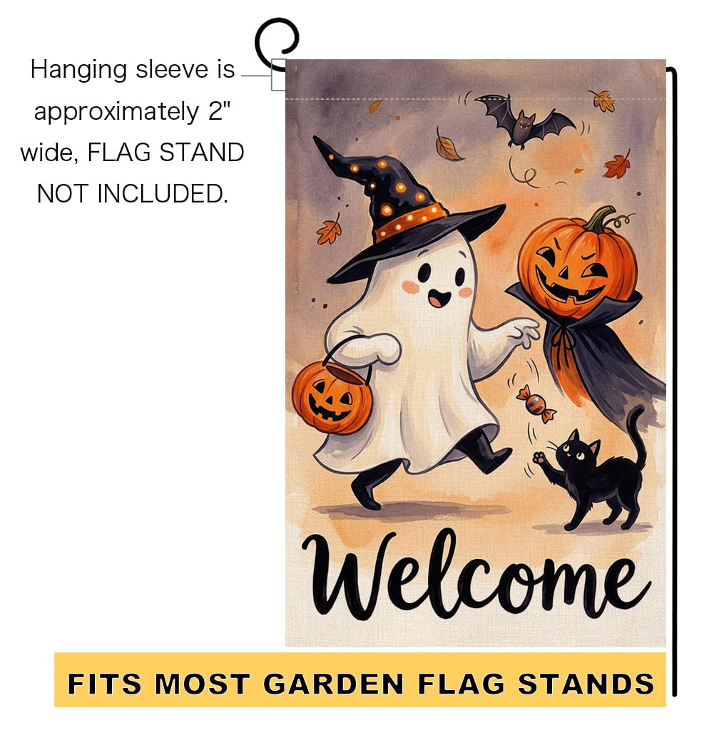 Fall Halloween Welcome Ghost Garden Flag 12x18 Witch Hat Pumpkin Yard Decor