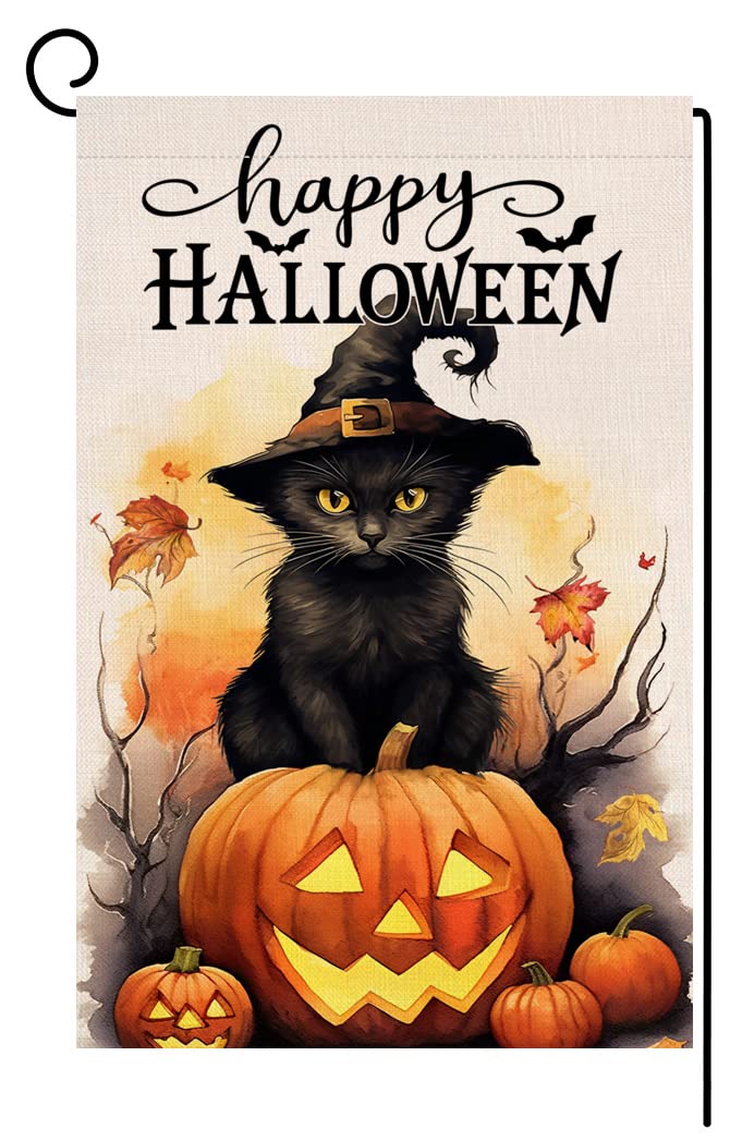 Halloween Cat Garden Flag 12x18 Vertical Double Sided Happy Halloween Pumpkin Holiday Outside Decorations Burlap Yard Flag