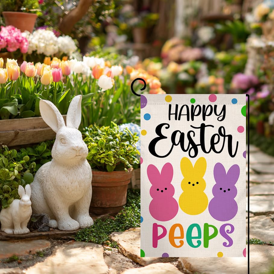 Happy Easter Bunny Garden Flag 12x18 Vertical Double Sided Rabbit Peeps Welcome Spring Farmhouse Holiday Outside Decorations Burlap Yard Flag