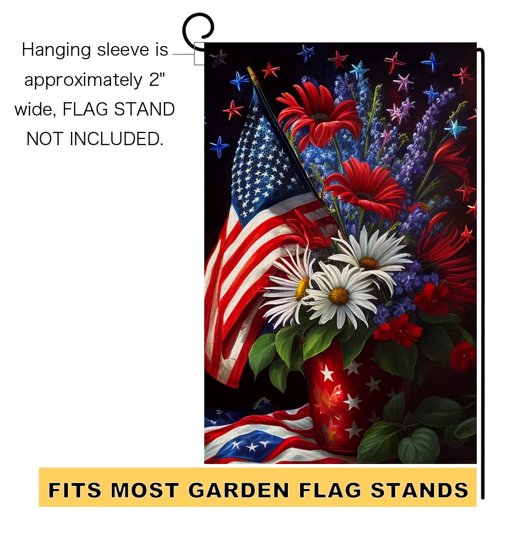 4th of July Floral Garden Flag 12x18 Vertical Double Sided Patriotic USA Flag Red Blue Memorial Day Independence Day Outside Decorations Burlap Yard Flag