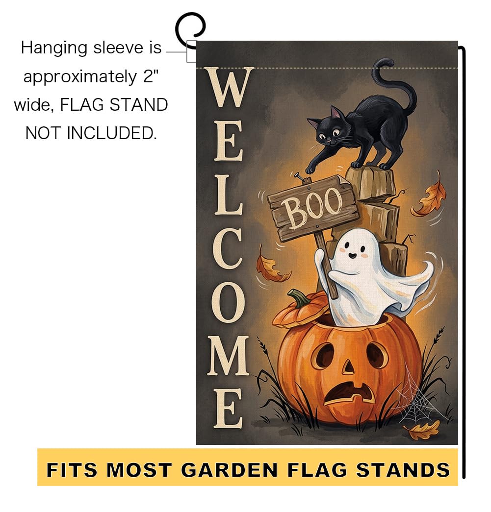 Halloween Welcome Boo Black Cat Garden Flag 12x18 Jack-o-Lantern Yard Decor