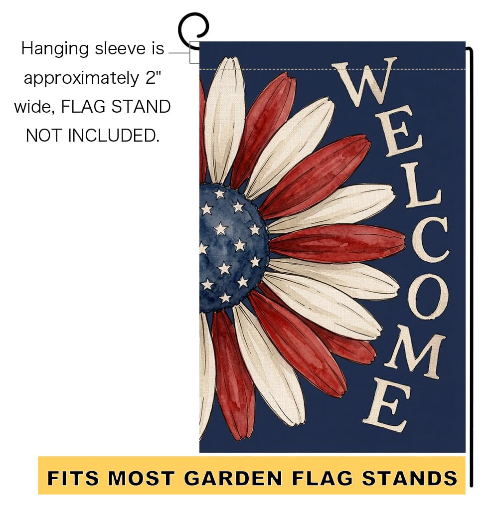 4th of July Floral Garden Flag 12x18 Vertical Double Sided Welcome Memorial Day Independence Day Holiday Outside Decorations Burlap Yard Flag