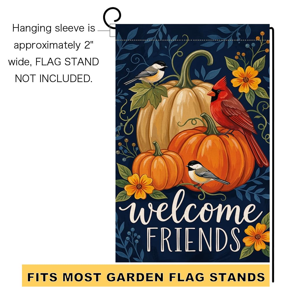 Fall Welcome Friends Pumpkins Garden Flag 12x18 Cardinal Birds Yard Decor