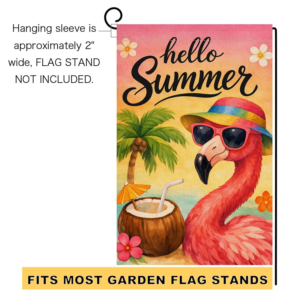Hello Summer Flamingo Garden Flag 12x18 Vertical Double Sided Welcome Beach Seasonal Holiday Outside Decorations Burlap Yard Flag