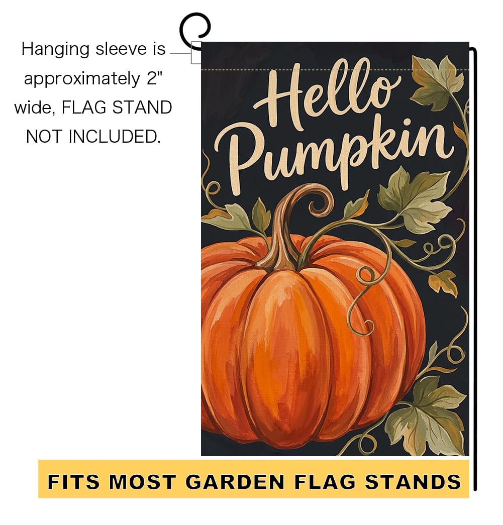 Fall Hello Pumpkin Garden Flag 12x18 Orange Pumpkin Curly Vine Yard Decor
