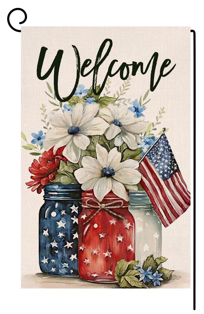 4th of July Floral Garden Flag 12x18 Vertical Double Sided Patriotic Mason Jar Flowers Red Blue Memorial Day Independence Day Holiday Outside Decorations Burlap Yard Flag