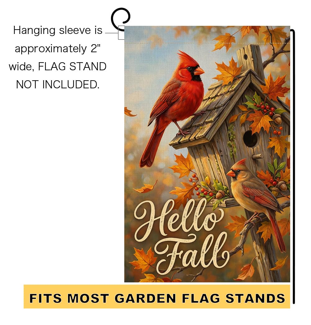 Fall Hello Fall Cardinal Birds Garden Flag 12x18 Birdhouse Maple Yard Decor