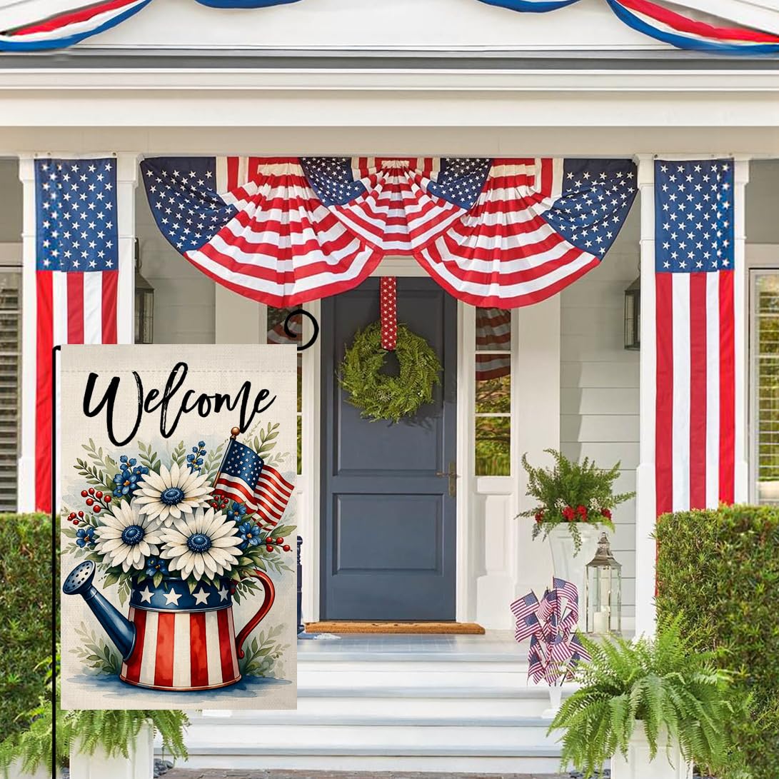 4th of July Floral Garden Flag 12x18 Vertical Double Sided Daisy Flowers Welcome Memorial Day Independence Day Holiday Outside Decorations Burlap Yard Flag