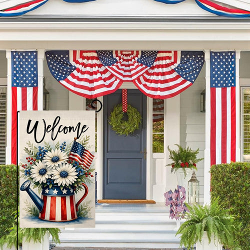 4th of July Floral Garden Flag 12x18 Vertical Double Sided Daisy Flowers Welcome Memorial Day Independence Day Holiday Outside Decorations Burlap Yard Flag