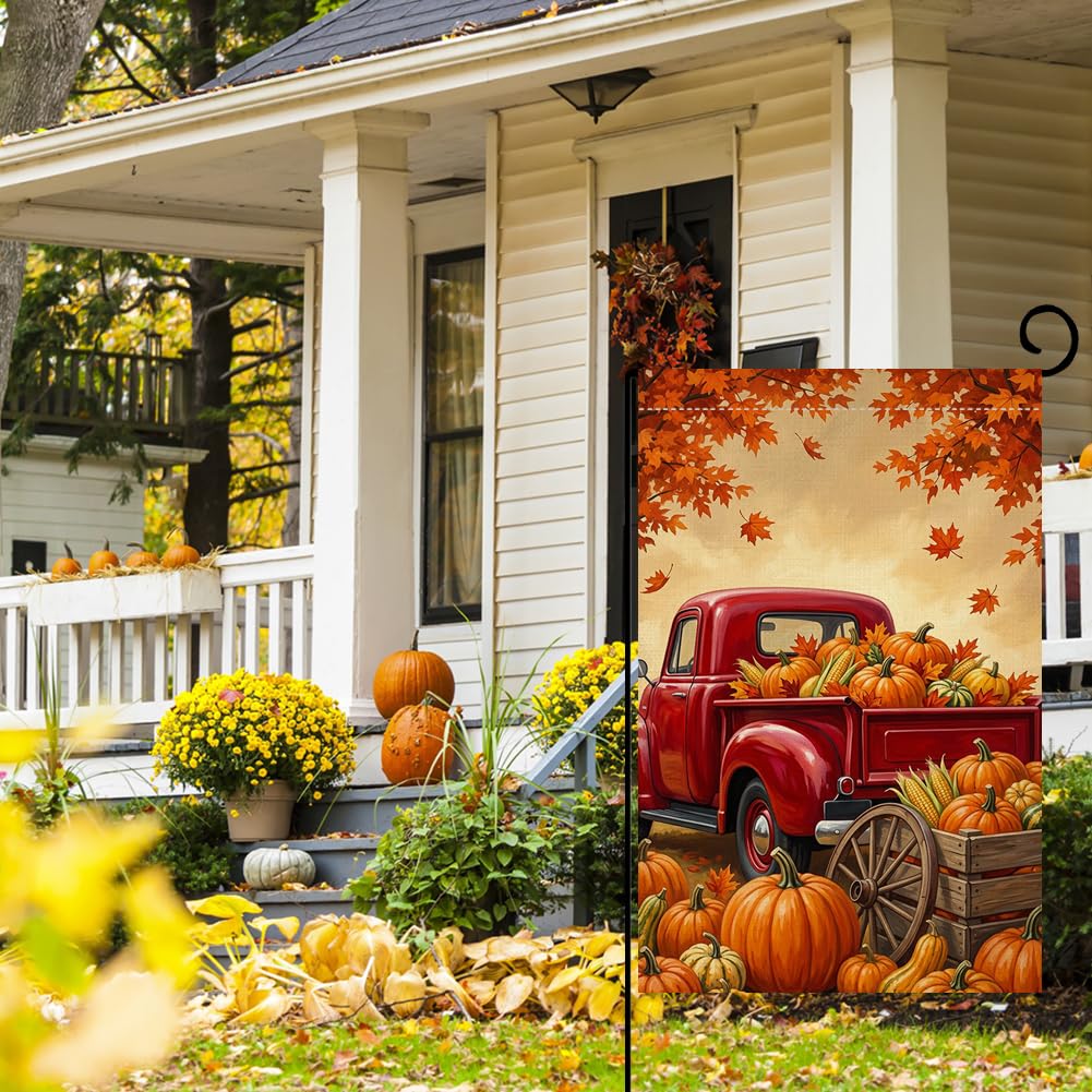 Fall Thanksgiving Red Truck Garden Flag 12x18 Pumpkins Corn Yard Decor