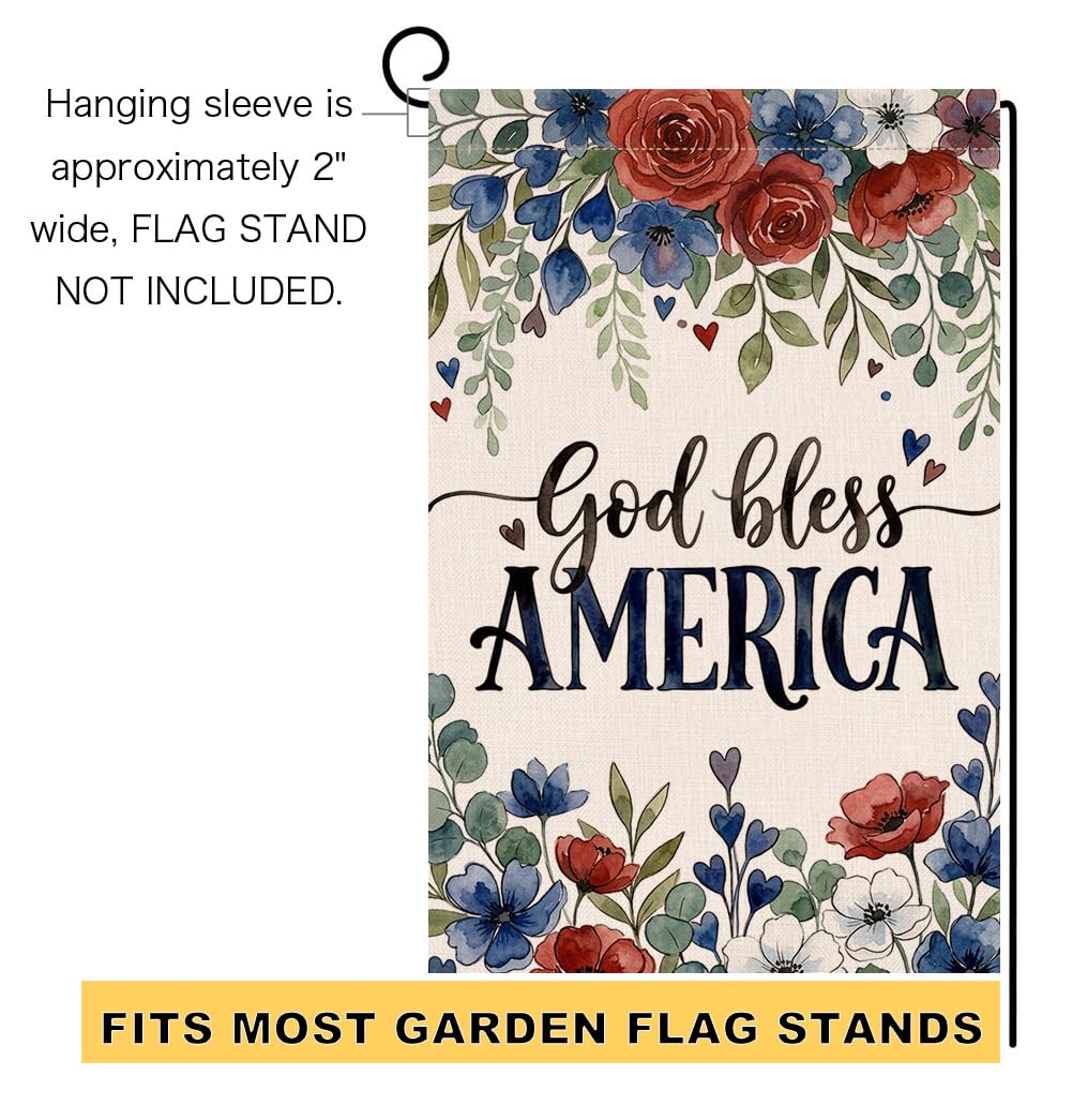 4th of July Floral Garden Flag 12x18 Vertical Double Sided God Bless America Patriotic Flowers Memorial Day Independence Day Holiday Outside Decorations Burlap Yard Flag