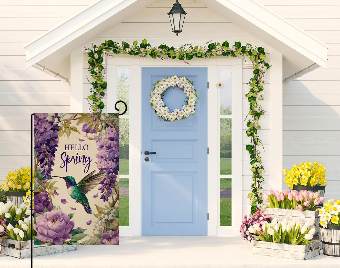 Hello Spring Bird Garden Flag 12x18 Vertical Double Sided Purple Flowers Farmhouse Holiday Outside Decorations Burlap Yard Flag