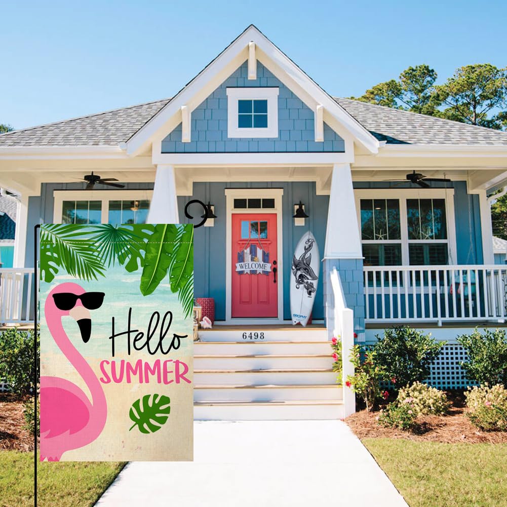 Summer Flamingo Garden Flag 12x18 Vertical Double Sided Tropical Leaves Beach Holiday Outside Decorations Burlap Yard Flag