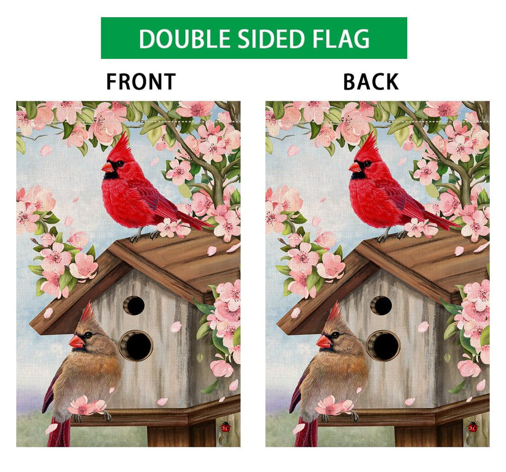 Spring Cardinal Bird Garden Flag 12x18 Vertical Double Sided Pink Flowers Tree Summer Farmhouse Holiday Outside Decorations Burlap Yard Flag