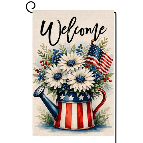 4th of July Floral Garden Flag 12x18 Vertical Double Sided Daisy Flowers Welcome Memorial Day Independence Day Holiday Outside Decorations Burlap Yard Flag