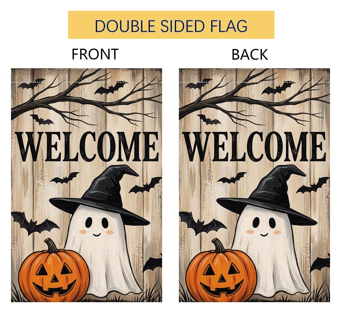 Fall Halloween Welcome Ghost Garden Flag 12x18 Witch Hat Bats Yard Decor
