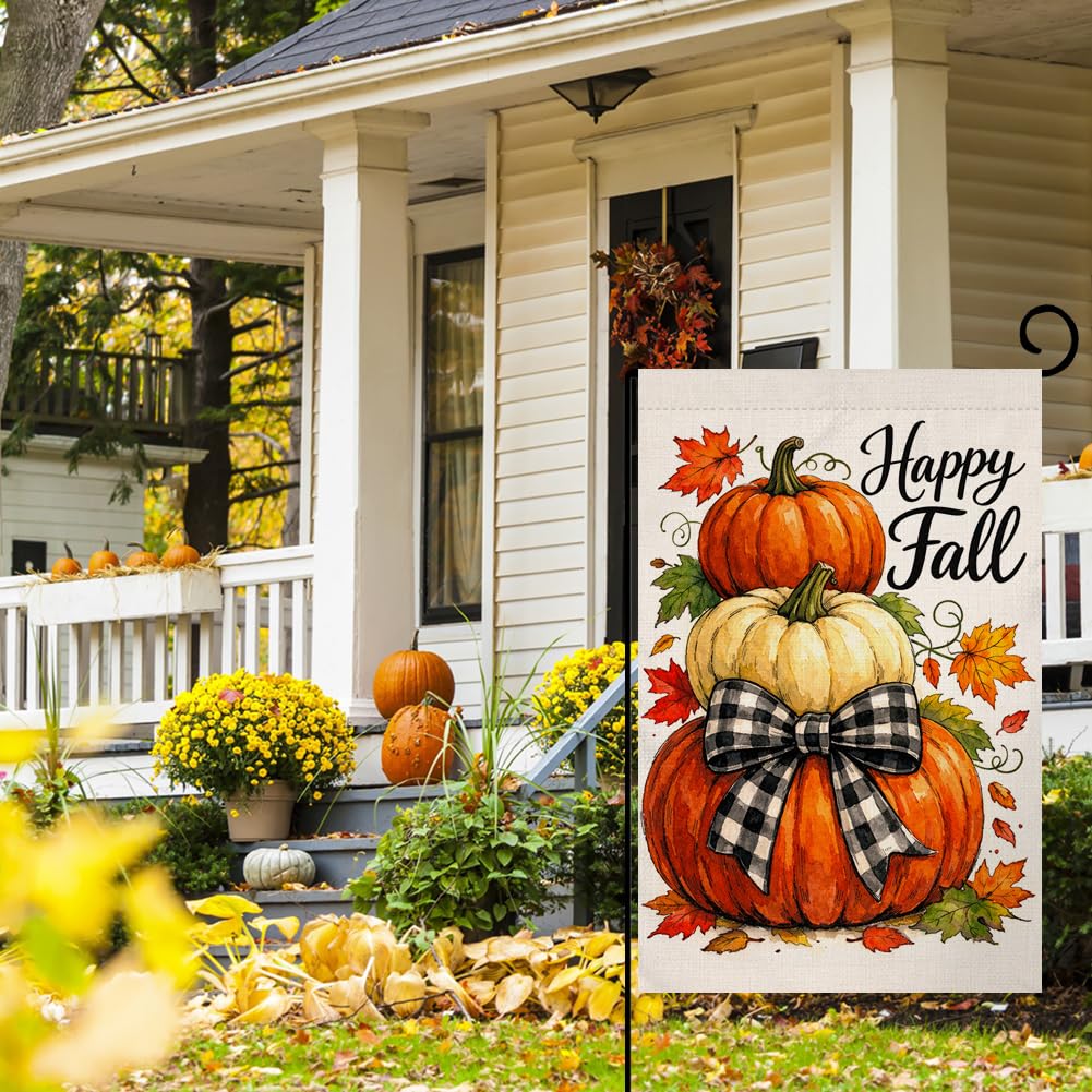 Fall Happy Fall Stacked Pumpkins Garden Flag 12x18 Maple Bow Yard Decor