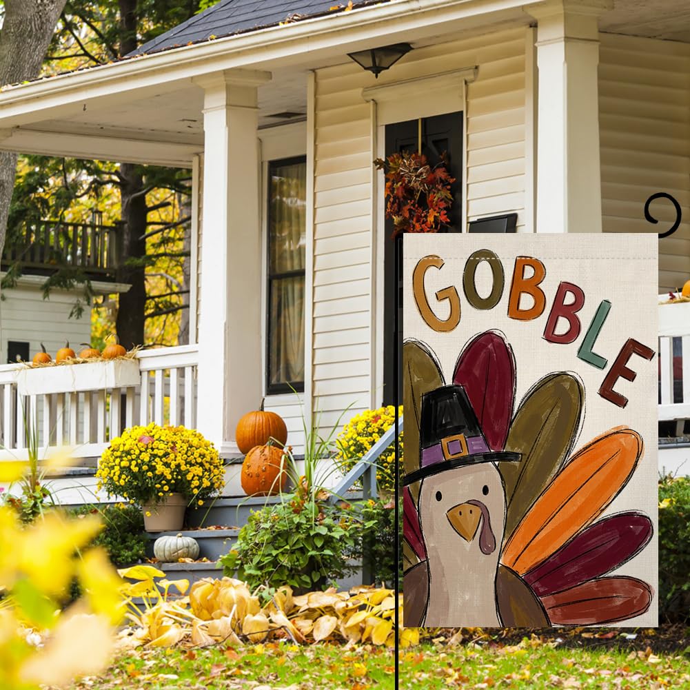 Fall Thanksgiving Gobble Turkey Garden Flag 12x18 Pilgrim Hat Yard Decor