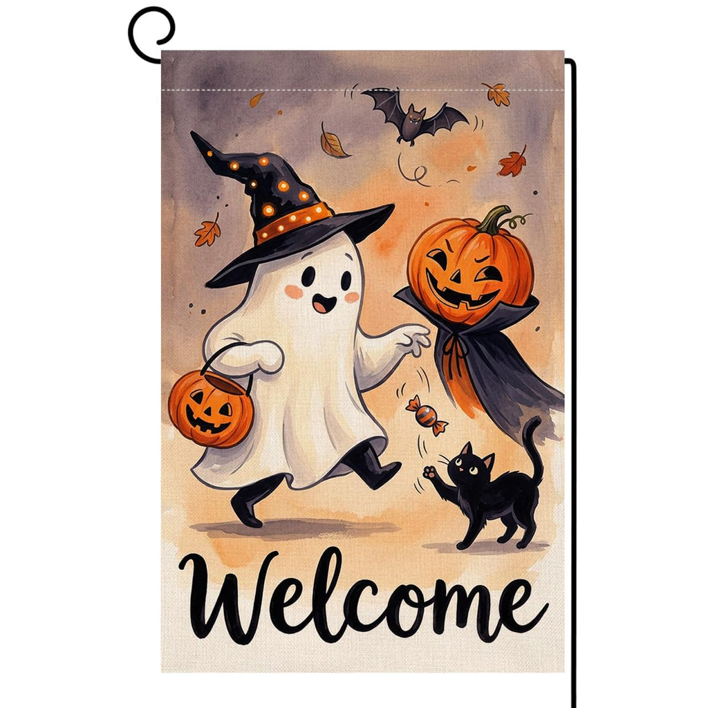 Fall Halloween Welcome Ghost Garden Flag 12x18 Witch Hat Pumpkin Yard Decor