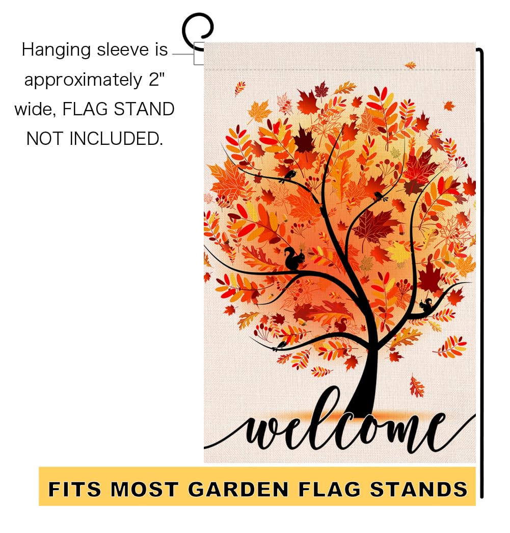 Welcome Fall Tree Garden Flag 12x18 Vertical Double Sided Autumn Maple Leaves Thanksgiving Holiday Outside Decorations Burlap Yard Flag