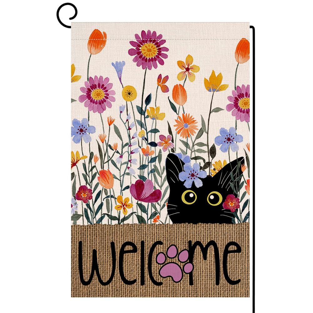 Spring Cat Flowers Garden Flag 12x18 Vertical Double Sided Purple Flowers Summer Farmhouse Holiday Outside Decorations Burlap Yard Flag