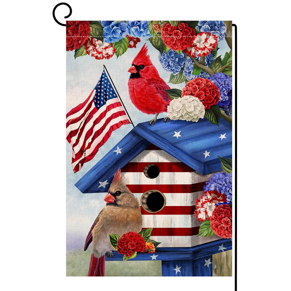 4th of July Cardinal Bird House Flag 28x40 Vertical Double Sided
