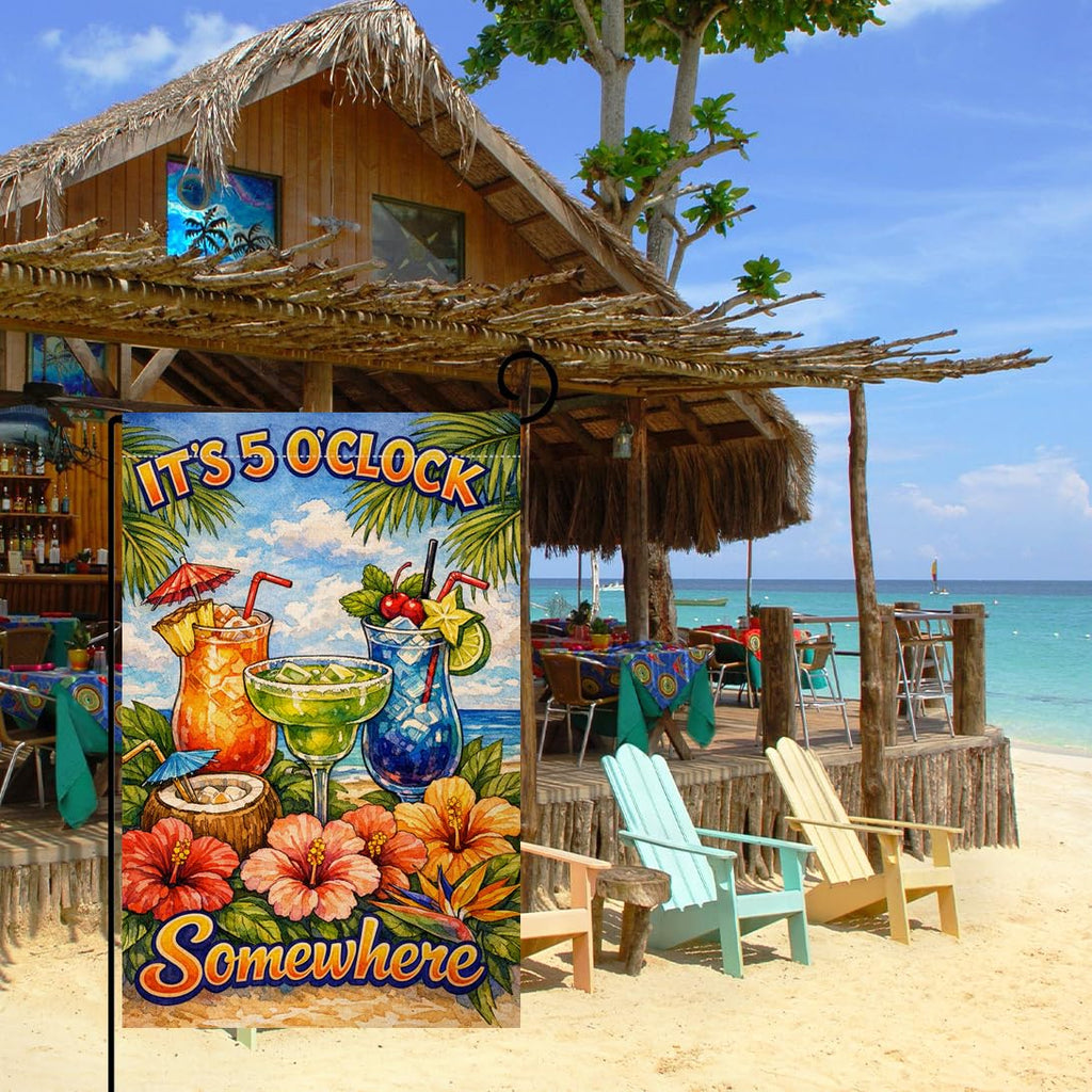 Summer Beach Garden Flag 12x18 Vertical Double Sided It's 5 O'Clock Somewhere Seasonal Holiday Outside Decorations Burlap Yard Flag