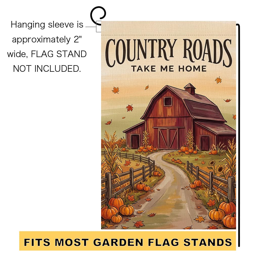 Fall Country Roads Take Me Home Garden Flag 12x18 Red Barn Farm Yard Decor