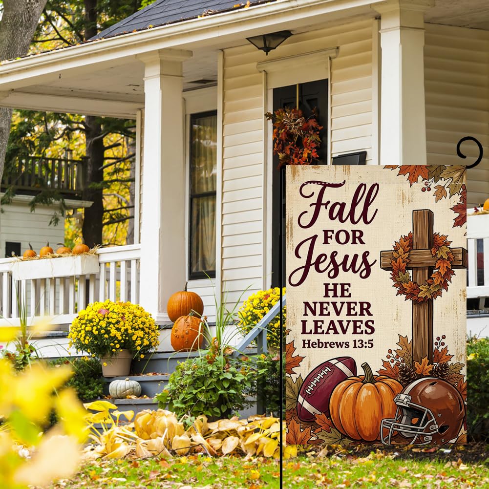 Fall for Jesus Cross Garden Flag 12x18 Football Helmet Pumpkin Yard Decor