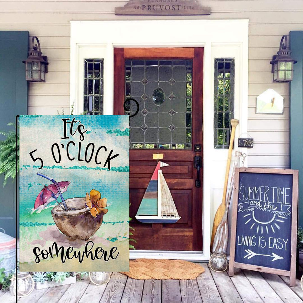 Summer Beach Garden Flag It's 5 O'Clock Somewhere Vertical Double Sided Tropical Fruit Coconut Burlap Yard Outdoor Decor 12.5 x 18 Inches A2152