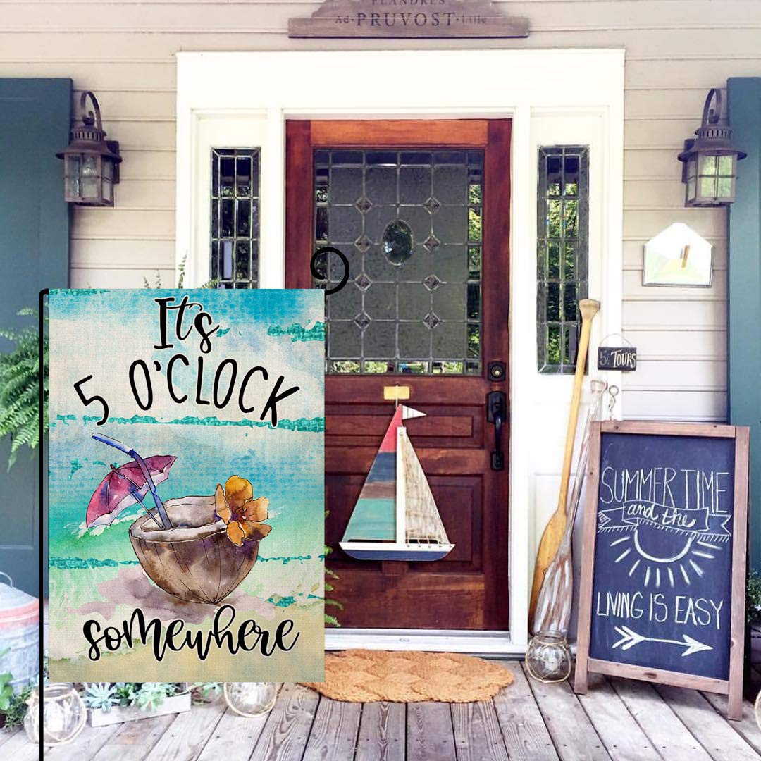 Summer Beach Garden Flag It's 5 O'Clock Somewhere Vertical Double Sided Tropical Fruit Coconut Burlap Yard Outdoor Decor 12.5 x 18 Inches A2152