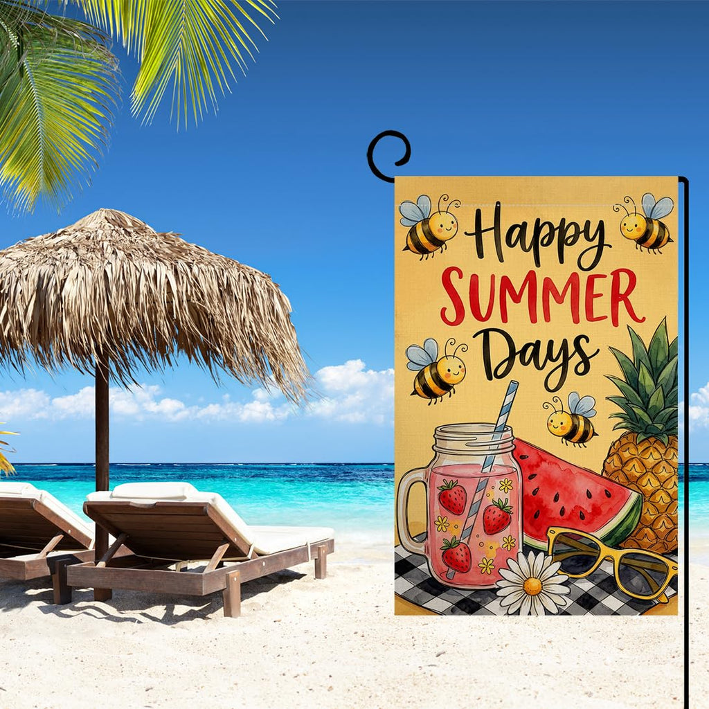 Happy Summer Days Garden Flag 12x18 Vertical Double Sided Summer Beach Watermelon Seasonal Holiday Outside Decorations Burlap Yard Flag