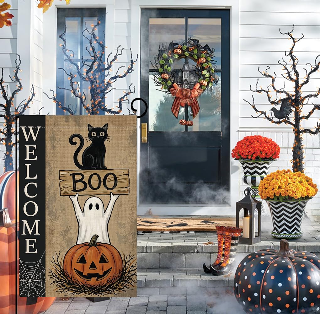 Halloween Welcome Boo Black Cat Garden Flag 12x18 Ghost Pumpkin Yard Decor
